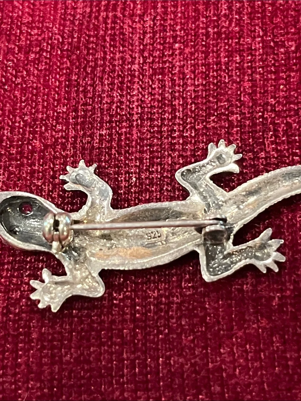 Vintage Silver Lizard Reptile Brooch Pin with Pink Gem Eyes